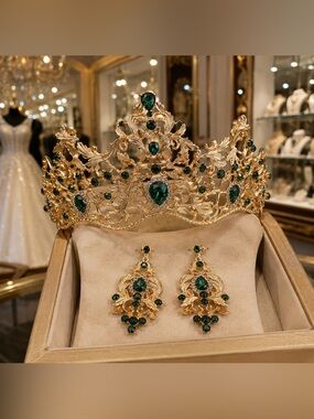 Gold and Emerald Crown Tiara with Matching Earrings - Women's Jewelry